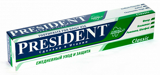 राष्ट्रपति क्लासिक टूथपेस्ट दैनिक उपयोग के लिए क्षय के विकास को रोकने के लिए उपयुक्त है।