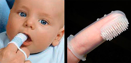 Bout du doigt en silicone pour nettoyer les premières dents de lait de bébé