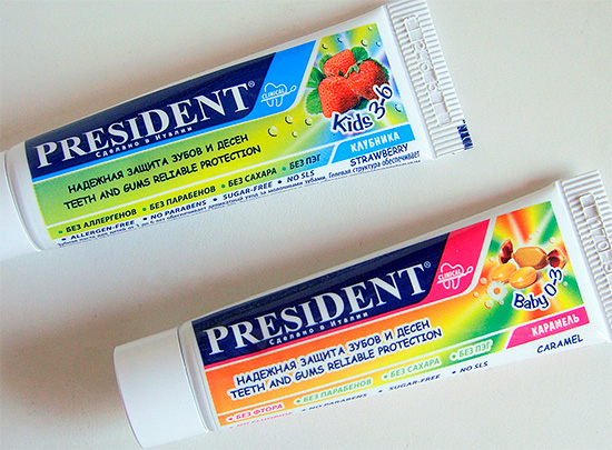 Un ejemplo de pastas dentales para niños Presidente para niños de 0 a 3 años y de 3 a 6 años.