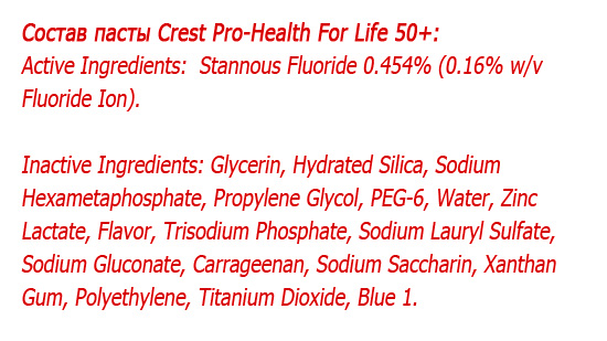La composición de la pasta de dientes Crest Pro-Health For Life 50+