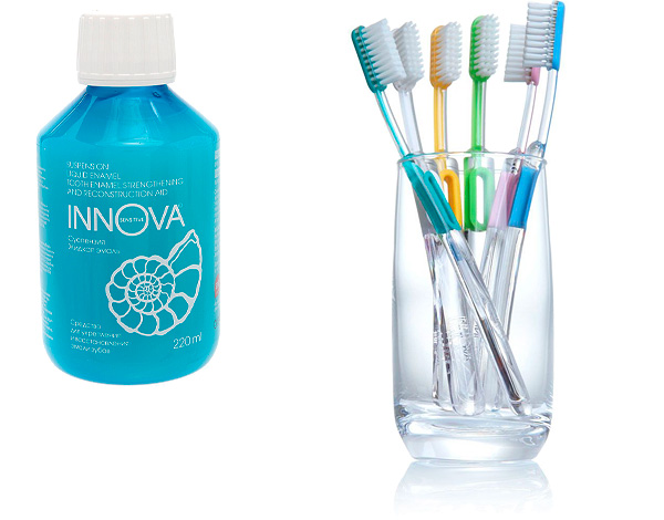 La línea de productos INNOVA Sensitive también incluye esmalte líquido de suspensión y un cepillo de dientes suave con iones de plata en las cerdas.
